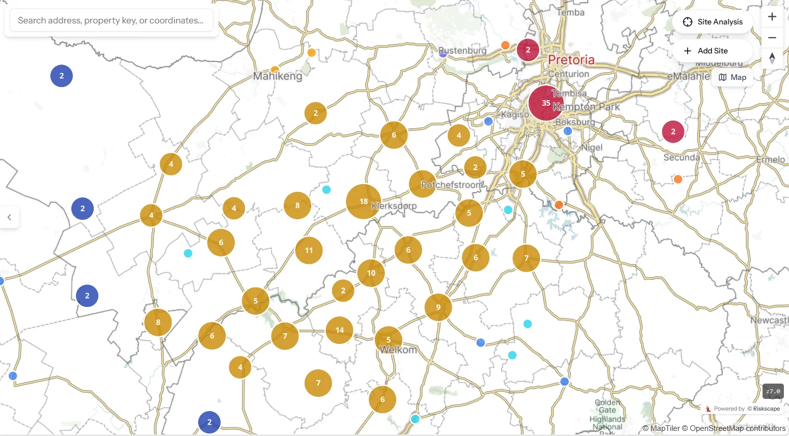 Site Manager map view with sites colour-coded by risk classification across South Africa